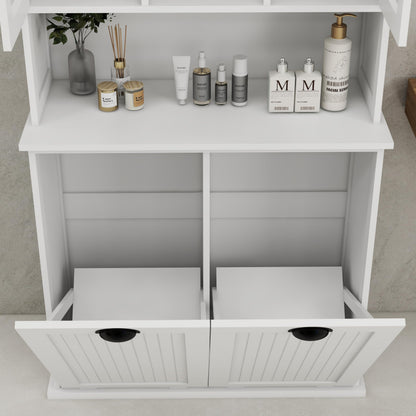 Amacv Two-Compartment Tilt-Out Dirty Laundry Basket Tall Bathroom Cabinet with 2 Adjustable Shelves-White