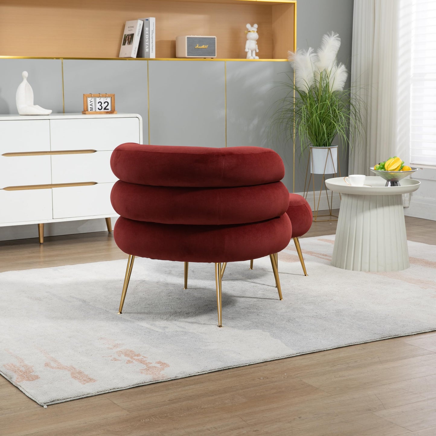 Upholstered Velvet Barrel Accent Chair with Ottoman,Accent Comfy Lounge Arm Chair and Footrest Stool Set,Single Sofa Armchair with Lounge Seat for Bedroom,Office (Wine Red)