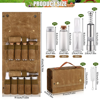 TOBWOLF Camping Spice Kit with 9 Jars, 2 Salt/Pepper Grinders, Portable Spice Bag, Foldable Canvas Seasoning Storage Bag Organizer, Mini Condiment Container Set for Outdoor Camping Picnic BBQ - Khaki