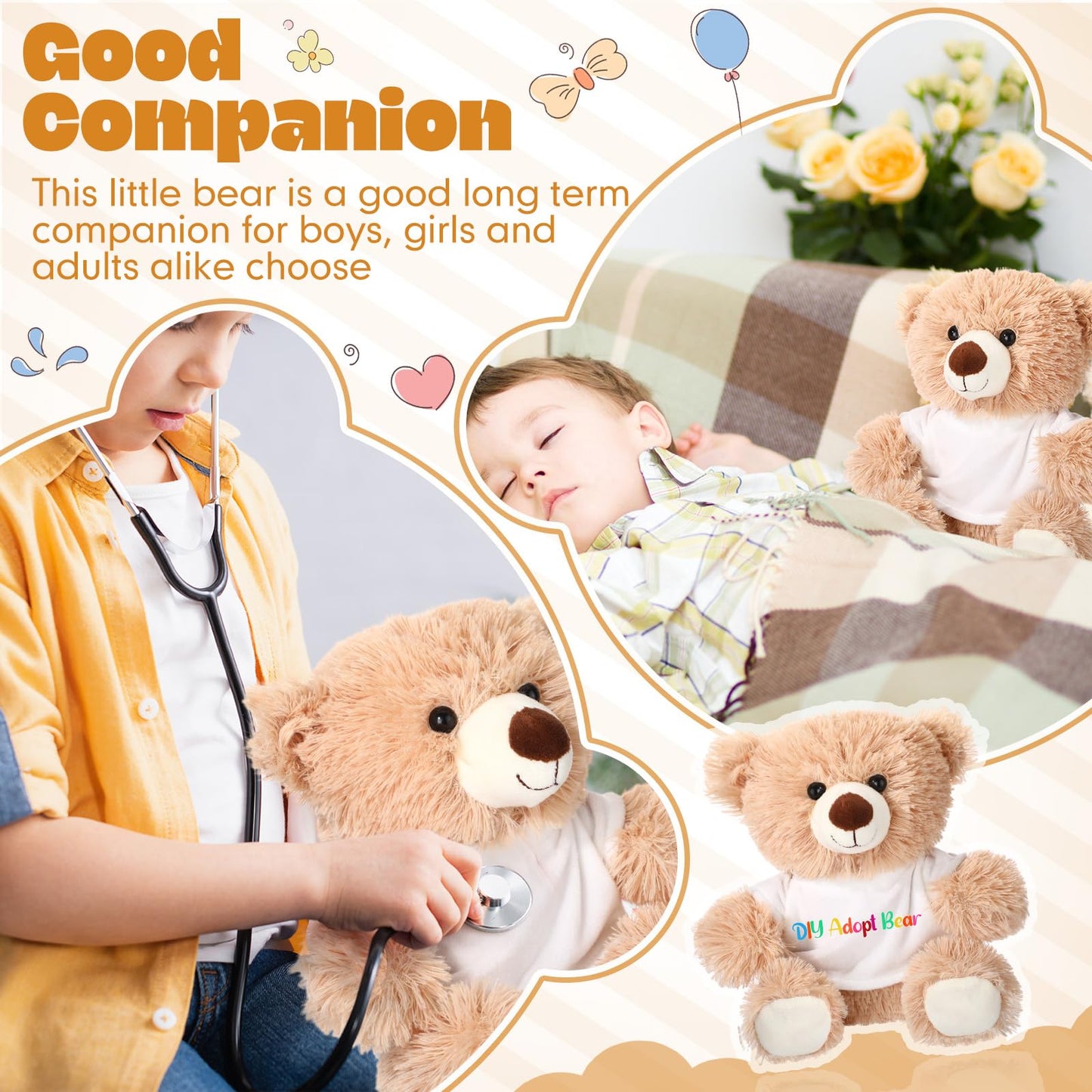 HyDren 15 Pcs Make Your Own Stuffed Animal Bear Kit DIY Adopt and Stuff Kit 10 Inch Soft Bear Plush White T Shirt Adoption Card DIY Brush for Birthday Personalized Gifts