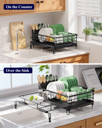 Kitsure Extendable Dish Drying Rack - Rust-Resistant Dish Racks for Kitchen Counter with Adjustable Support Legs, Cutlery Holder & Removable Draining Tray (Black, 15.6''-25.2''L × 16.9''W × 8.1''H)
