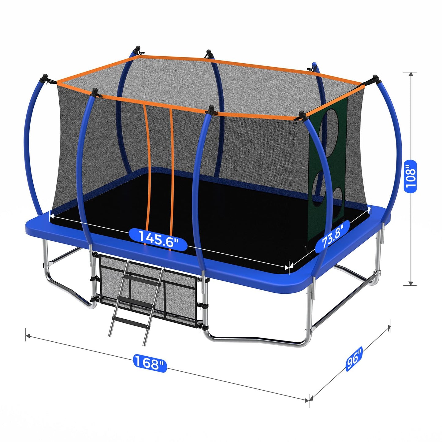 Lyromix 14FT Outdoor Rectangle Trampoline for Kids and Adults, Rectangular Trampoline with Curved Poles, Pumpkin Trampolin with Light, Sprinkler, Soccer and Storage Bag