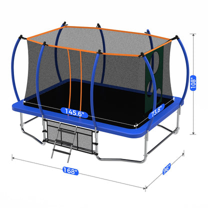 Lyromix 14FT Outdoor Rectangle Trampoline for Kids and Adults, Rectangular Trampoline with Curved Poles, Pumpkin Trampolin with Light, Sprinkler, Soccer and Storage Bag