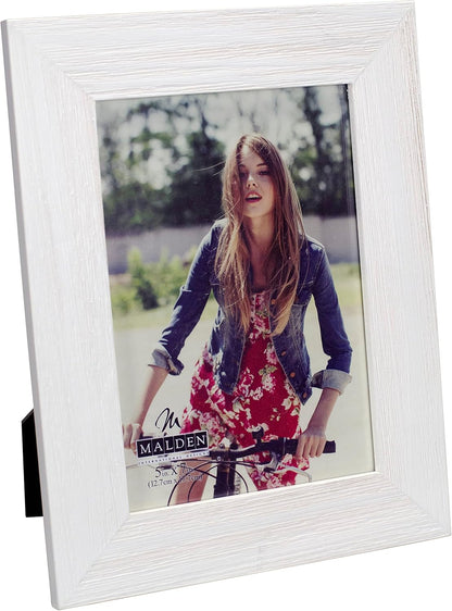 Malden International Designs Rustic Fashion Wide Linear Wooden Picture Frame, White Wash, 5x7