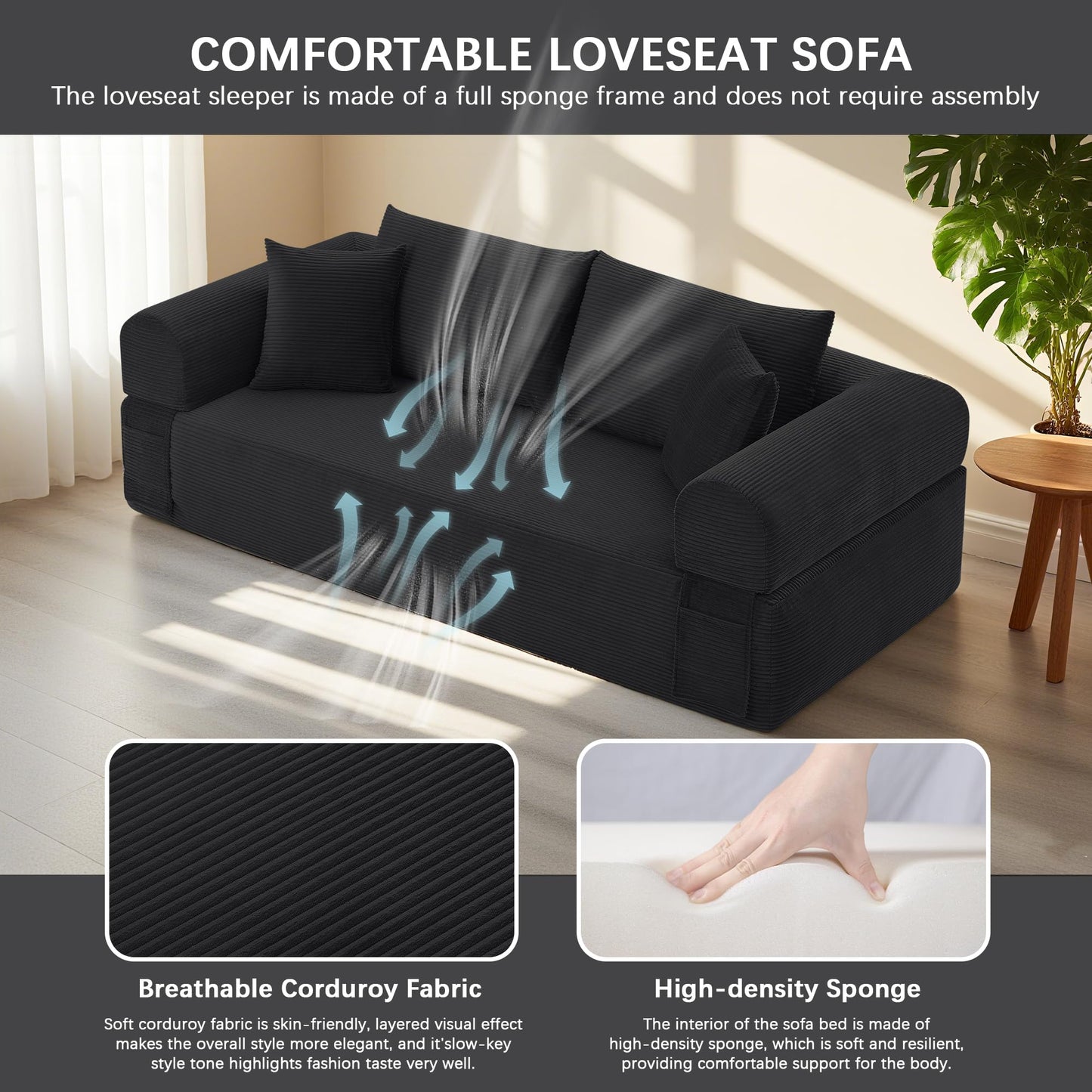 83" Modern Sofa in a Box, No Assembly Oversized 3 Seater 28" Deep Seat Cloud Sofa Bed Couch with 4 Furry Pillows & Corduroy Fabric, Boneless Couch with Side Storage Pockets for Living Room, Black