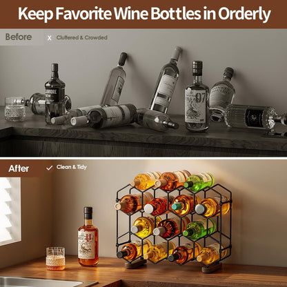 Nuovoware Countertop Wine Rack, 14-Bottle Freestanding Modern Carbon Steel Holder Hexagonal Structure, 3 Tier Tabletop Wine Bottle Organizer Storage for Cabinet, Pantry, Black+Retro Brown