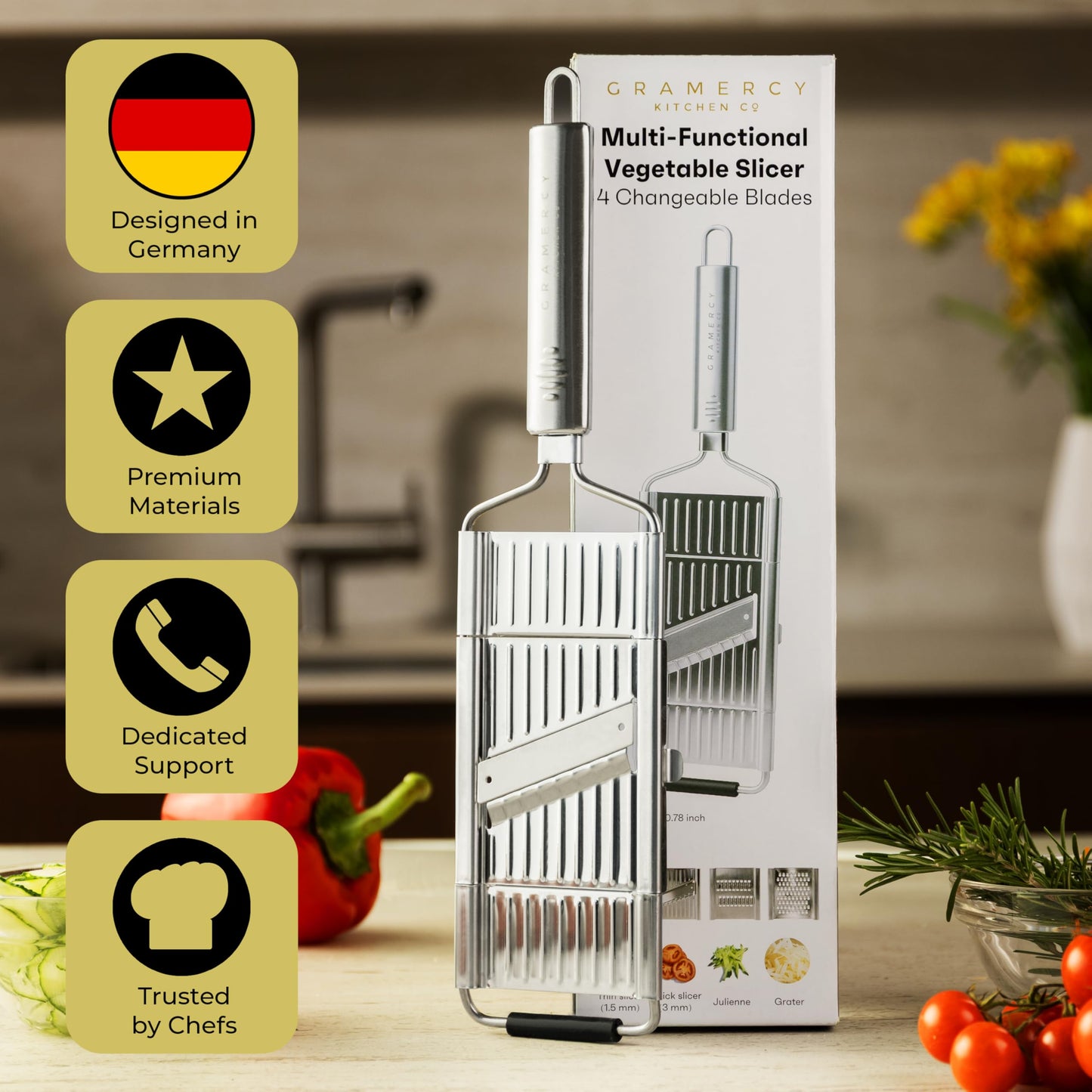 Gramercy Handheld Mandoline Slicer for Kitchen - Stainless Steel Veggie & Fruit Slicer with 4 Blades - Slicer, Julienne & Grater; Cut Resistant Safety Glove & Cleaning Brush Included; Dishwasher Safe