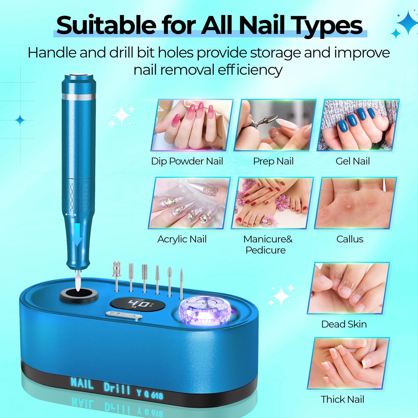 40000RPM Electric Nail File Drill Professional Kit, Drill Machine with LCD Display, Manicure Pedicure Polishing Acrylic Gel Nail Grinder for Salon, Home Use