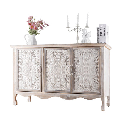 FansaFurn Accent Storage Cabinet with 3 Carved Doors and Shelves, Farmhouse Sideboard Buffet Sideboard with Storage, Wood Kitchen Cabinet for Living Room, Entryway, Dining Room and Kitchen, Wash Grey