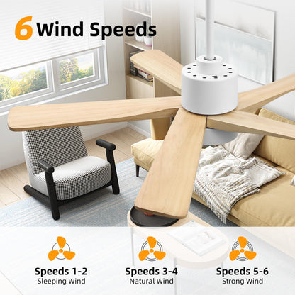WINGBO 48 Inch DC Ceiling Fan with Lights and Remote Control, 5 Carved Solid Wood Blades, 6-Speed Noiseless Reversible DC Motor, Indoor Ceiling Fan in Gloss White Finish with Oak Blades