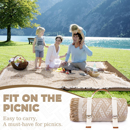 Genovega 2 in 1 Extra Large Rug Outdoor Picnic Blanket Waterproof Woven Boho Mat Giant Beach Towel Travel Essential Yoga Accessories Park Patio Lawn Garden Ground Music Festival Concert Must Have