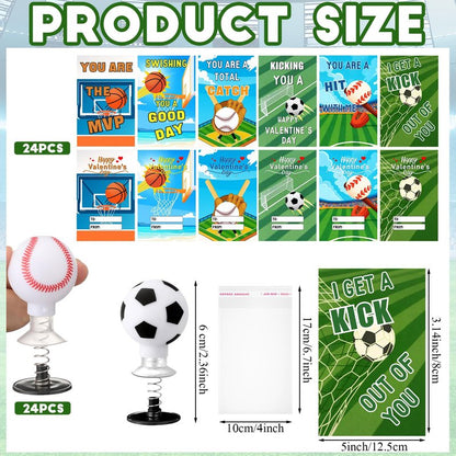 Jenaai 24 Sets Valentine's Sports Themed Card and Assorted Ball Spring Launcher Funny Pop up Bouncy Jumping for Valentines Party Favors Exchange Gift Award Prize Sensory Fidget