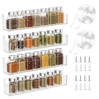 PMMASTO Adhesive Acrylic Spice Rack Organizer for Wall with 2 Nano Double Sided Tape, Spice Shelf Organization for Kitchen Cabinet Door/Pantry Door, Wall Mount Seasoning Rack (Clear-4 Pack)