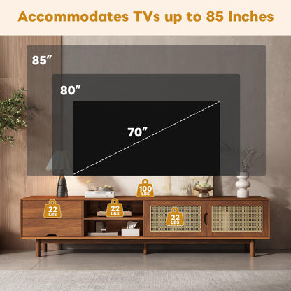 Merax Rattan TV Stand 78 Inch for 85 Inch TV, Modern Media Console with 2 Drawers, Wood Entertainment Center with Solid Wood Legs for Living Room