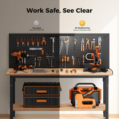 CAMMOO 60" Work Bench Adjustable Height with Storage Shelf, Max Load 2000 LBS Heavy Duty Rubberwood Tabletop with Pegboard, LED Light, Built-in Power Strip for Woodworking Shop, Garage, Home