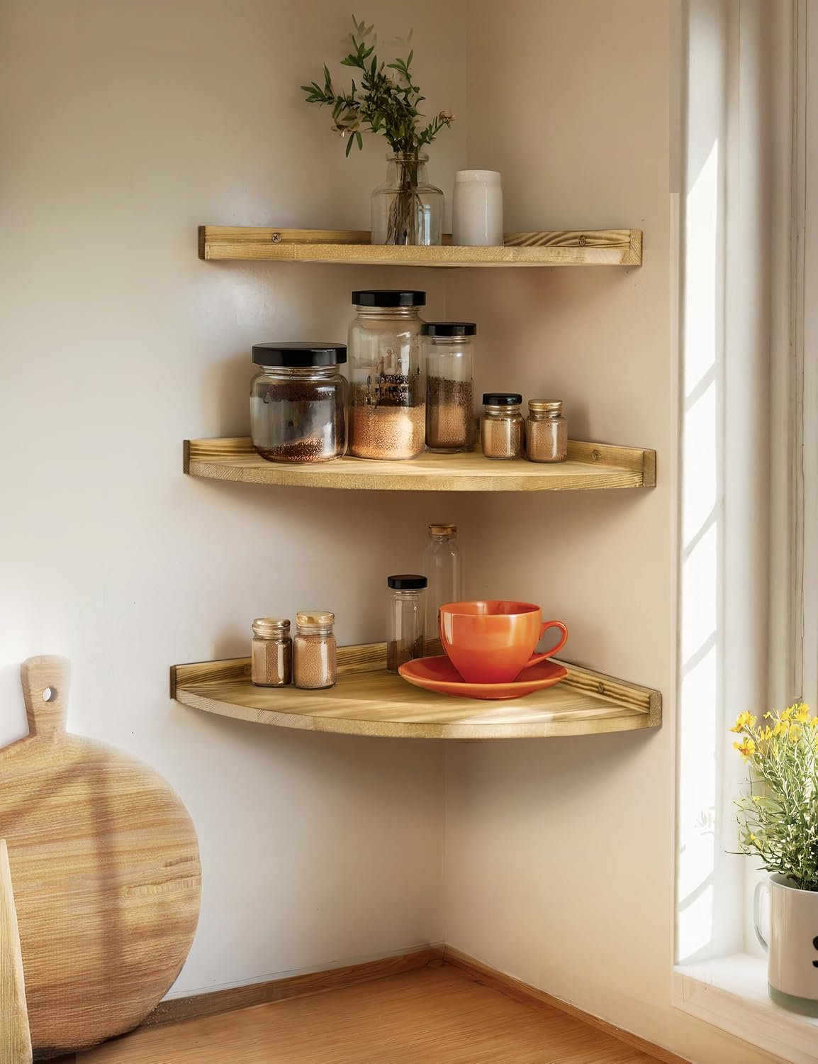 12x12 Inch Corner Shelves Wall Mount, Farmhouse Rustic Corner Floating Shelf with Cord Hole, Wooden Storage Organizer