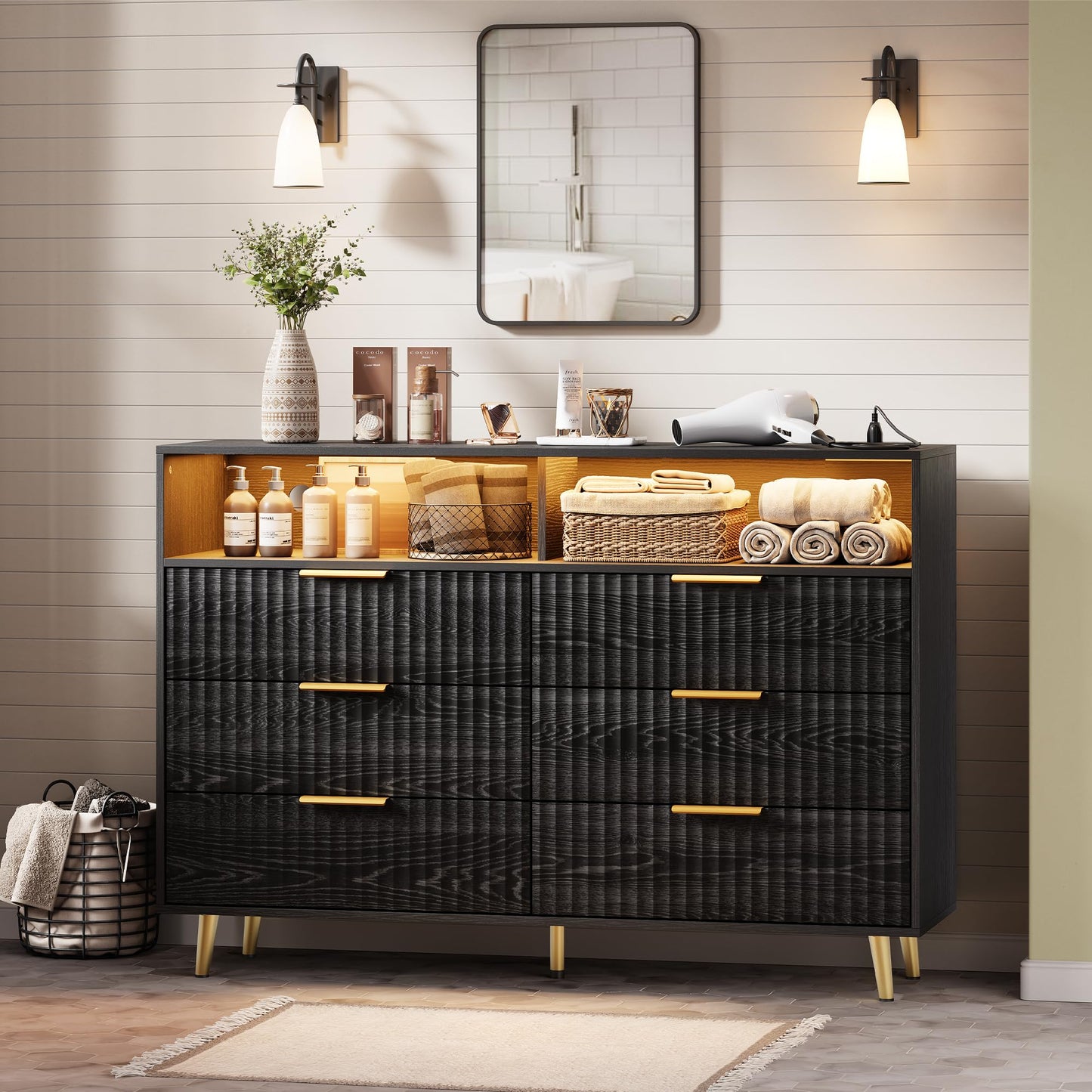6 Drawers Dresser for Bedroom, 53.9" Wide Dressers with LED Lights and Charging Station, Curved Profile Design, Fluted Wood Drawers with Gold Handle, Modern Chest of Dressers for Living Room, Black