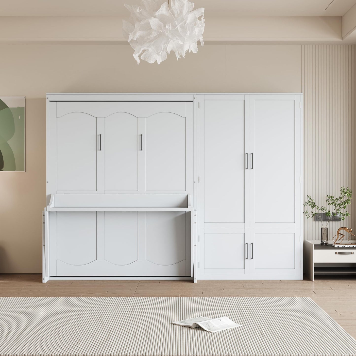 Merax Queen Size Murphy Bed Wall Bed with Closet and Wardrobe Storage for Bedroom,White