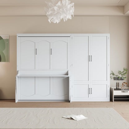 Merax Queen Size Murphy Bed Wall Bed with Closet and Wardrobe Storage for Bedroom,White