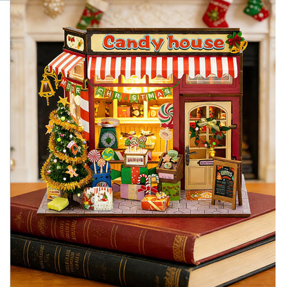 Book Nook Kit, 3D Wooden Puzzles Christmas Candy Shop Miniature House Dollhouse Booknook Mini House Making Kit Bookshelf Decorations Gifts for Family, Friends