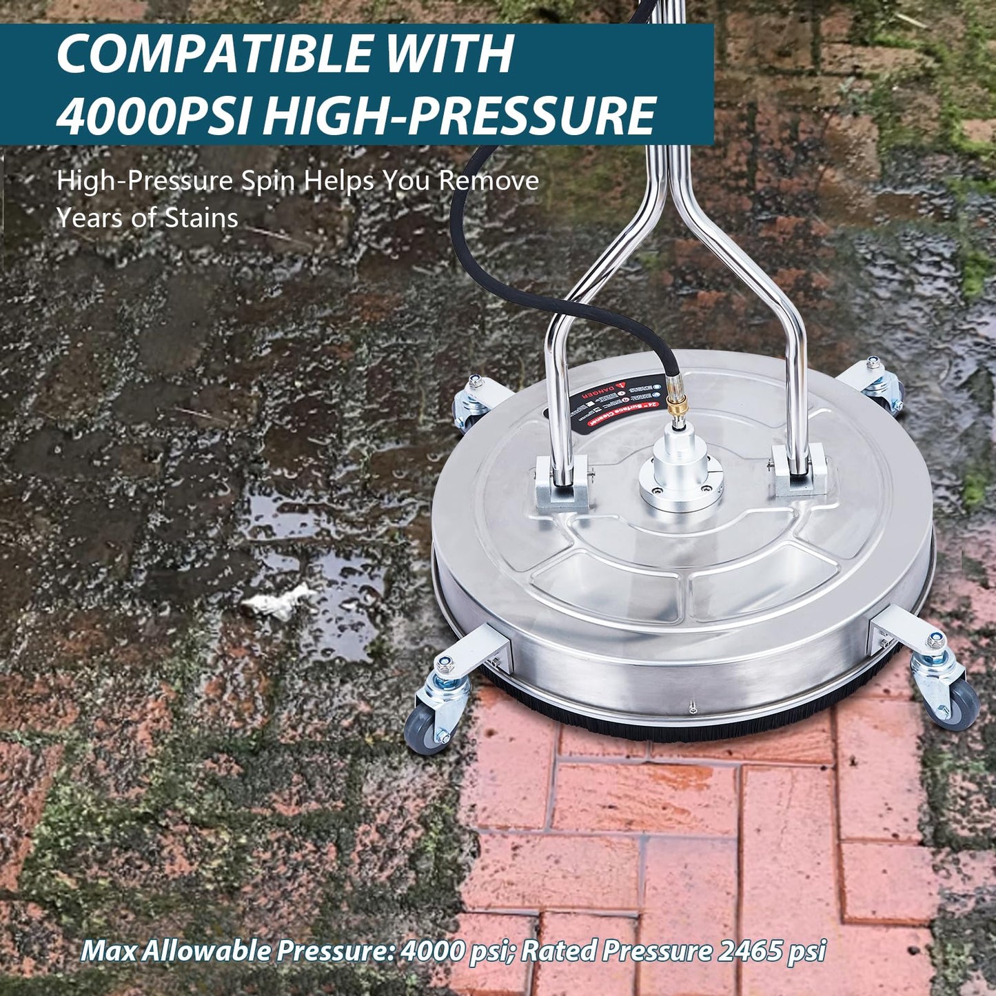 24" Stainless Steel Surface Cleaner for Pressure Washer, 4000 PSI Max Power Washer Attachment with Dual Rotating Nozzles, 4 Wheels, Adjustable Handle for Driveway, Patio, Sidewalk