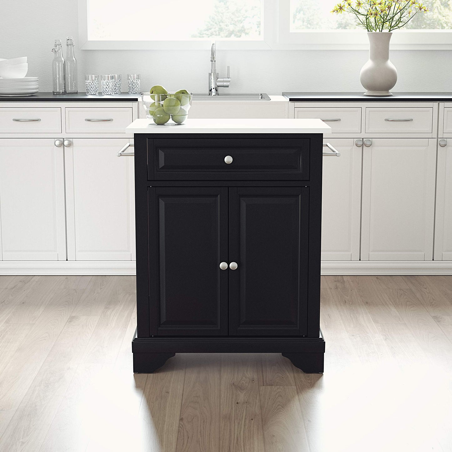Crosley Furniture Lafayette Stone Top Small Portable Rolling Kitchen Island Storage Cart, Microwave Stand, Black