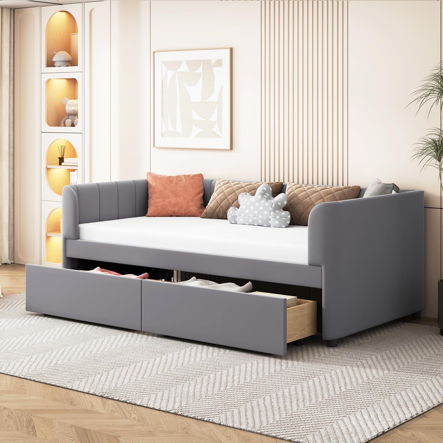 Bellemave Twin Size Daybed with 2 Storage Drawers & Upholstered Ergonomic Design Backrest,Velvet Day Bed Wood Slats, Modern Space Saving Sofabed for Bedroom,Living Room, Easy Assembly (Gary)