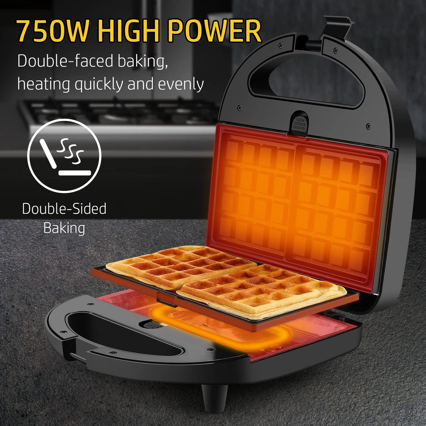 OSTBA 3-in-1 Sandwich Maker with Removable Plates, Panini Press, Waffle Maker, Non-Stick, 750W Compact Breakfast Grill for Sandwiches, Waffles, Steak, Black