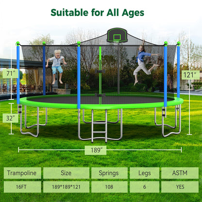 Tatub 16FT Trampoline for Kids and Adults, Outdoor Recreational Trampolines with Basketball Hoop & Enclosure Net, Green