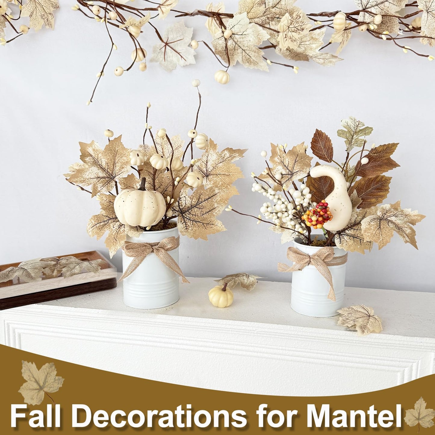 2 Pack 12" Thanksgiving Decorations Thanksgiving Centerpieces for Dinner Table Potted White Maple Arrangement in Metal Pot White Pumpkin Berried Autumn Thanksgiving Table Decor for Home Kitchen Office