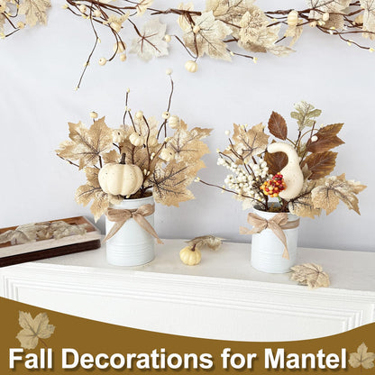 2 Pack 12" Thanksgiving Decorations Thanksgiving Centerpieces for Dinner Table Potted White Maple Arrangement in Metal Pot White Pumpkin Berried Autumn Thanksgiving Table Decor for Home Kitchen Office