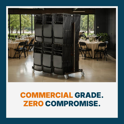 OEF Furnishings OEF84 Series Folding Chair Cart – Heavy-Duty Two-Tier Steel Dolly Rack with Wheels (84 Chairs, Standard Height, Hanging Storage)