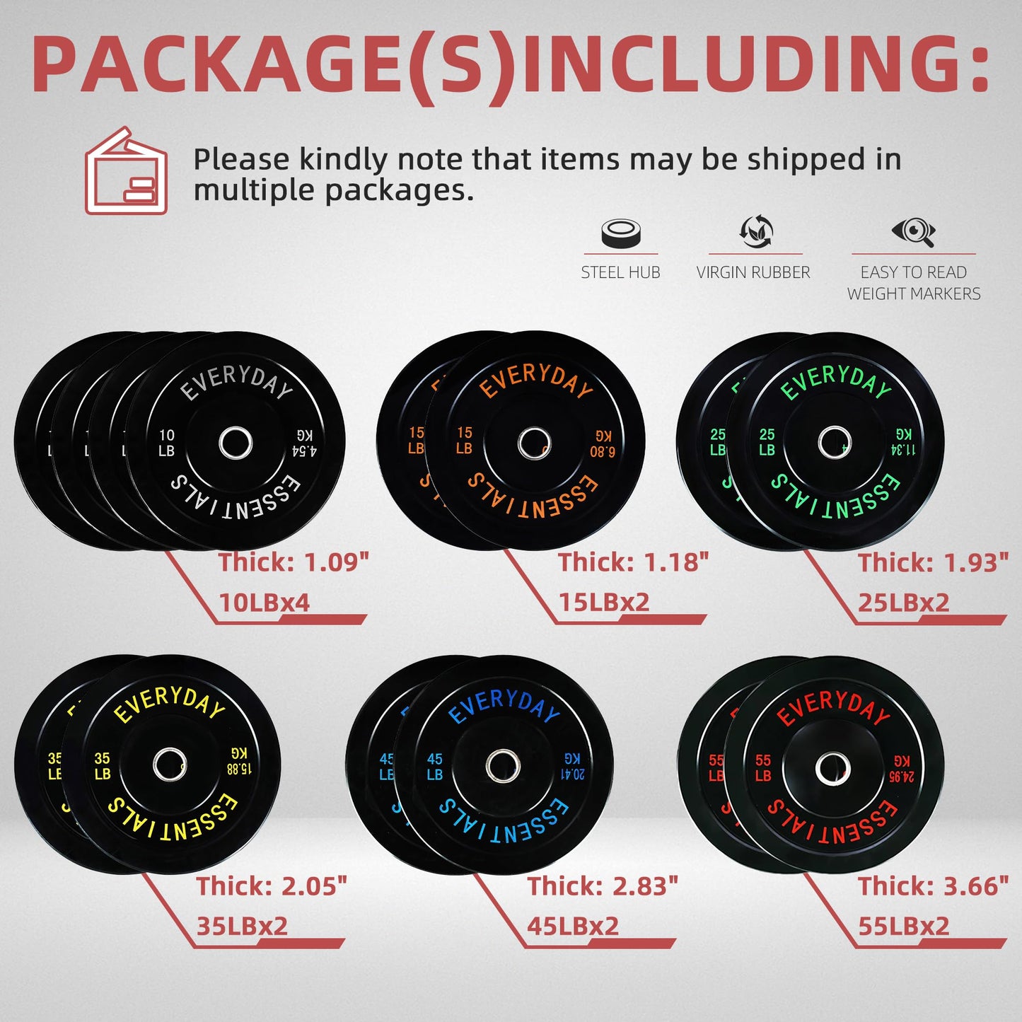 Fitvids Olympic Bumper Plates Set – 2" Weight Plates for Strength Training & Weightlifting – Set: 390 lbs – Black