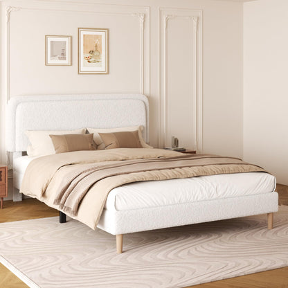 viplov Queen Size Boucle Upholstered Platform Bed Frame with Adjustable Headboard, Soft Cloud Bed, No Box Spring Needed, Noise Free, Easy Assembly, White