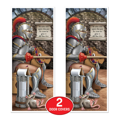Beistle Knight Restroom Door Cover – 2 Pack, Medieval Castle Bathroom Party Decorations, Funny All-Weather Plastic Backdrop for Renaissance Fairs, Festivals, Birthday Parties, Themed Events, 6’ x 30”