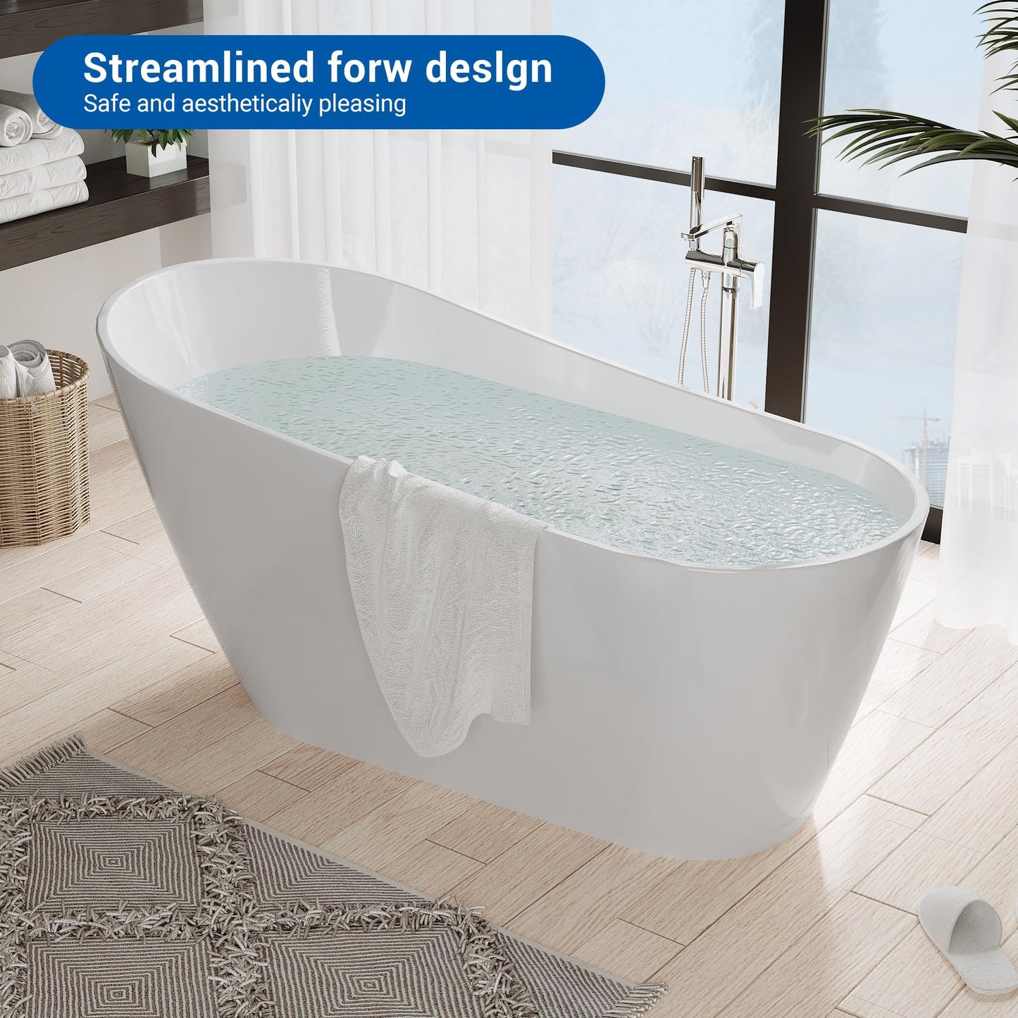 67 Inch Freestanding Bathtubs, Acrylic Free Standing Tub, Integrated Overflow Design, Luxury Freestanding Bathtub for Contemporary Home