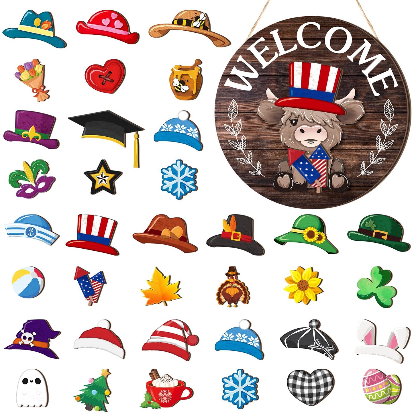 35 Pcs Holiday Interchangeable Highland Cow Welcome Sign Highland Cow Seasonal Wooden Hanging Door Decor Patriotic Farmhouse Hanging Sign for Front Door Graduation Party Decoration