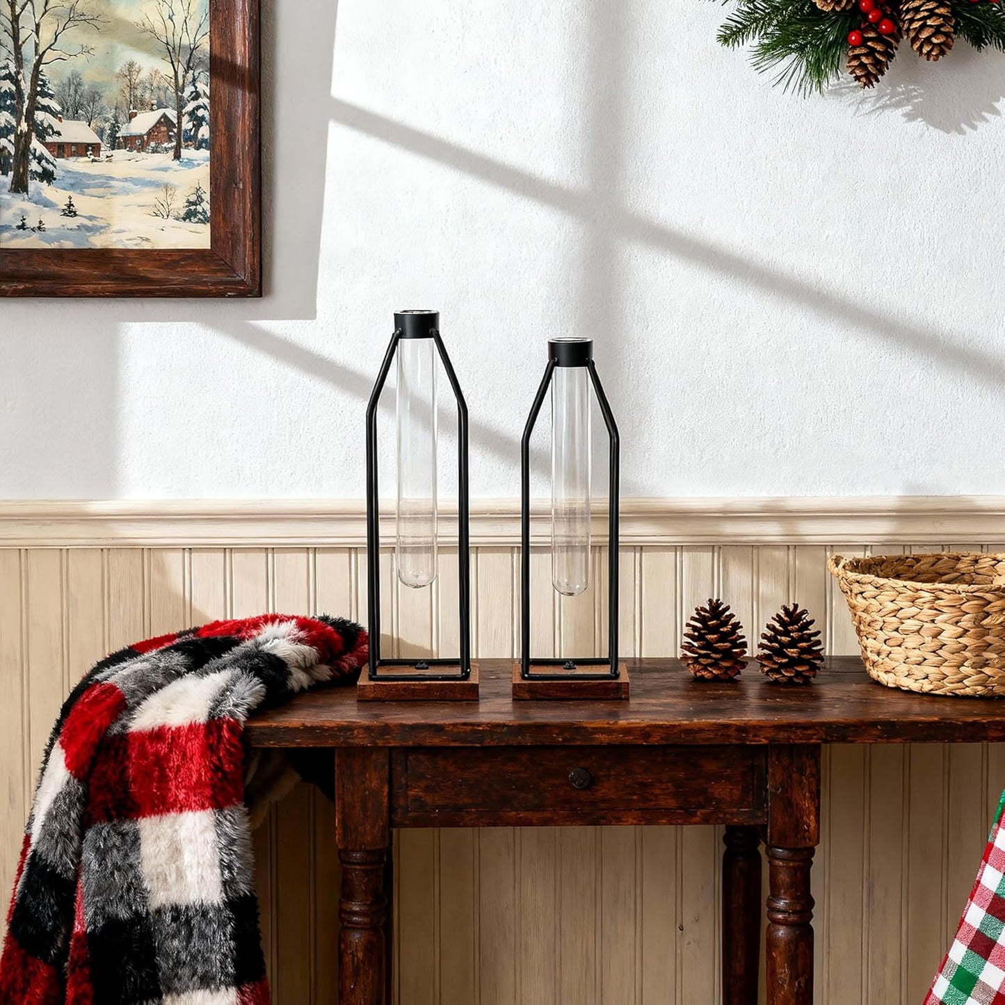 Set 2, 11&12.5 Inch Houmury Test Tube Vase of Flower Vases with Iron Stand & Wood Base, for Home Dcor, Table Decor