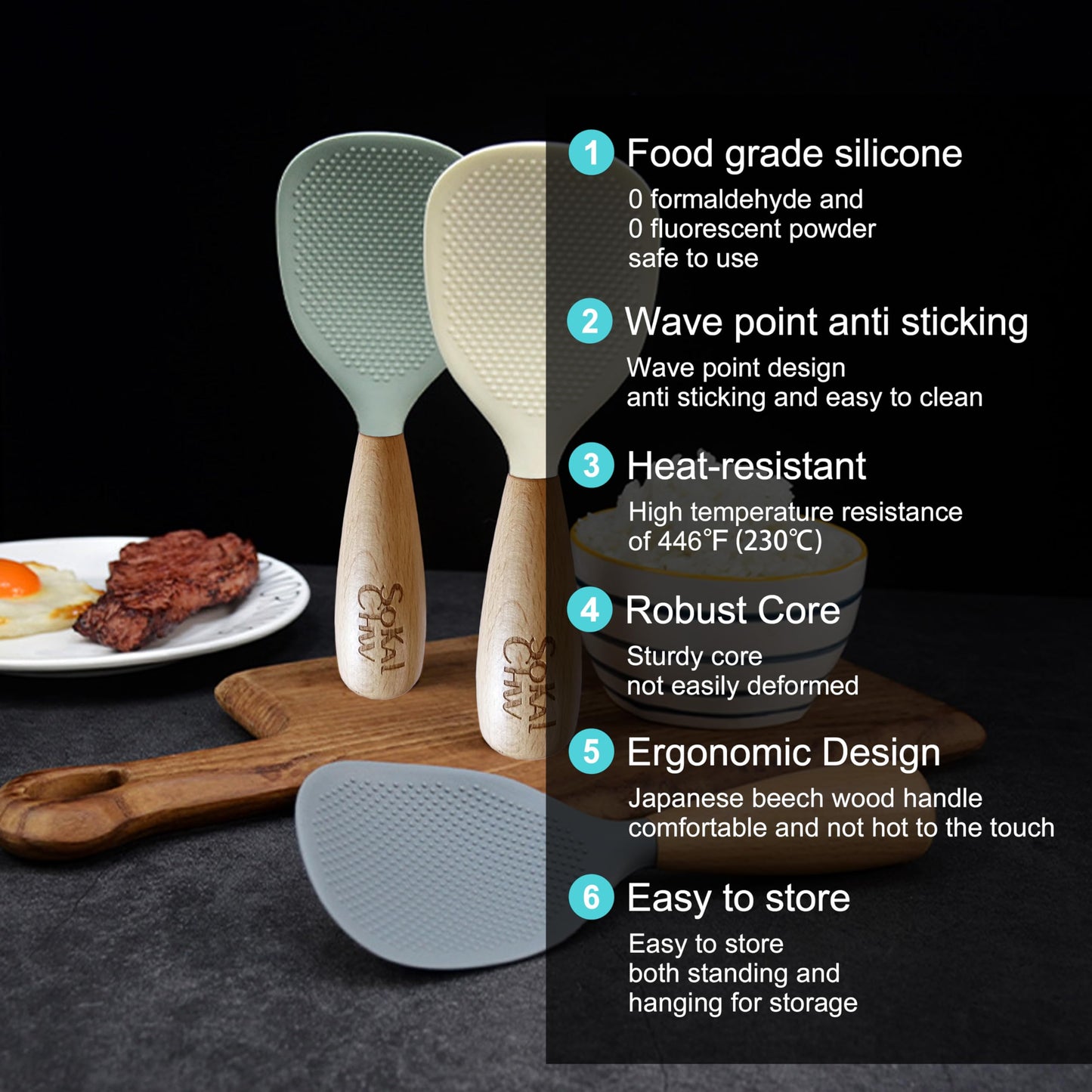 SoKalChw Standing Silicone Cooking Spoon and Rice Spoon with Wooden Handle, Great for Cooking, Mixing, Scoop, Scrape, Non stick Heat Resistant (Grey)