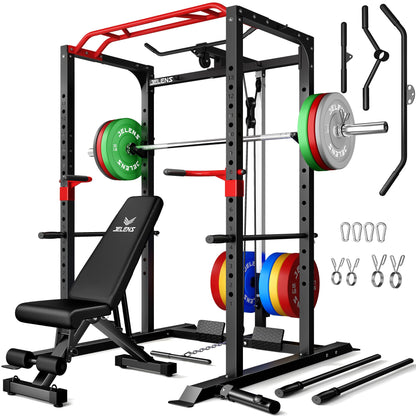 JELENS S11 Power Cage, 2000LB Multi-Function Power Rack with LAT Pulldown, Squat Rack with Adjustable Pulley System and Training Attachments, Weight Rack for Home Gym (370LB Colored Weights Package)