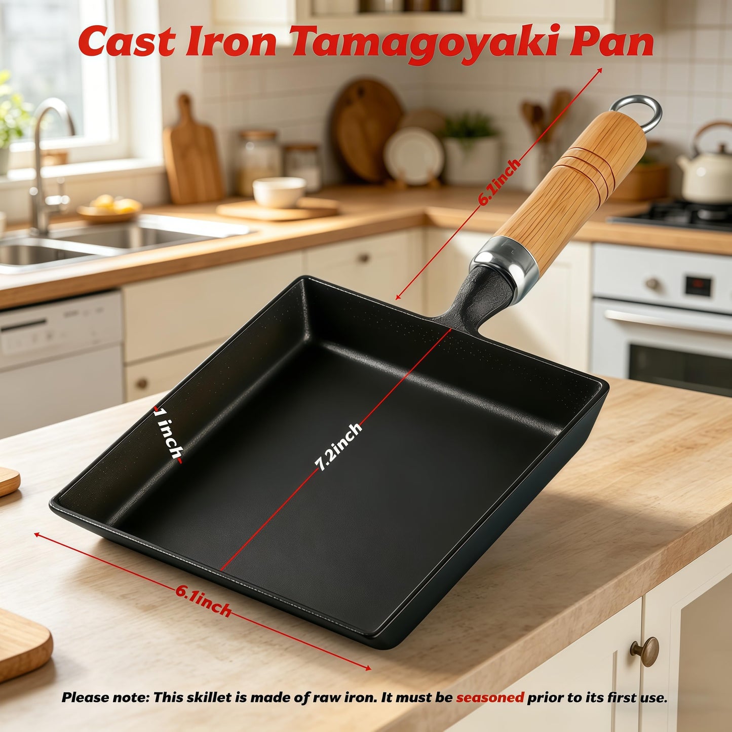 Tamagoyaki Pan, Cast Iron Japanese Omelette Pan for Breakfast, Perfect Rolled Eggs - Rectangular Egg Skillet for Gas & Induction Stovetops - Naturally Nonstick Surface When Seasoned, 7.2 x 6.1 inches