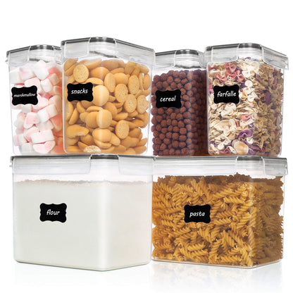 Vtopmart Airtight Food Storage Containers 6 Pieces - Plastic BPA Free Kitchen Pantry Storage Containers for Sugar,Flour and Baking Supplies - Dishwasher Safe - Include 24 Labels, Black