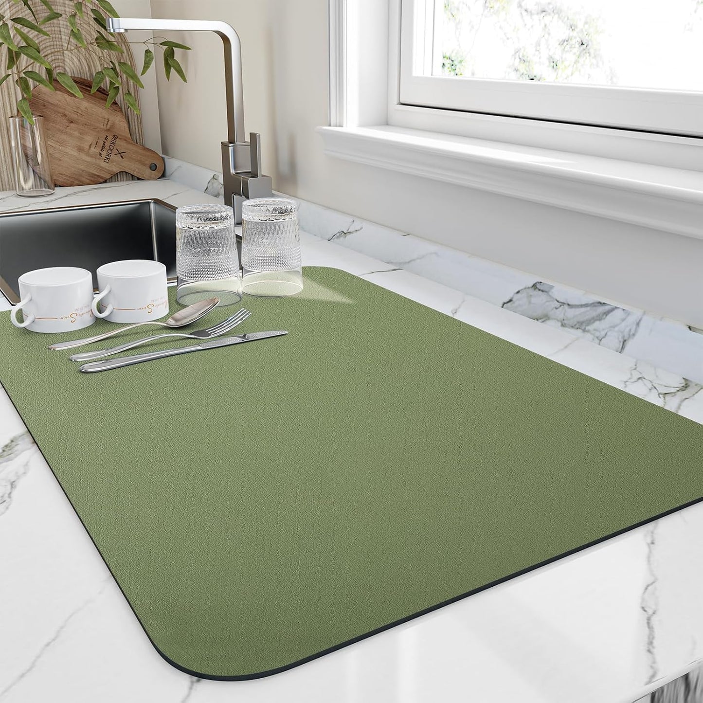 Dish Drying Mat for Kitchen Counter, Green Heat Resistant Non-slip Drainer Mats, Easy to Clean, 16"x20"