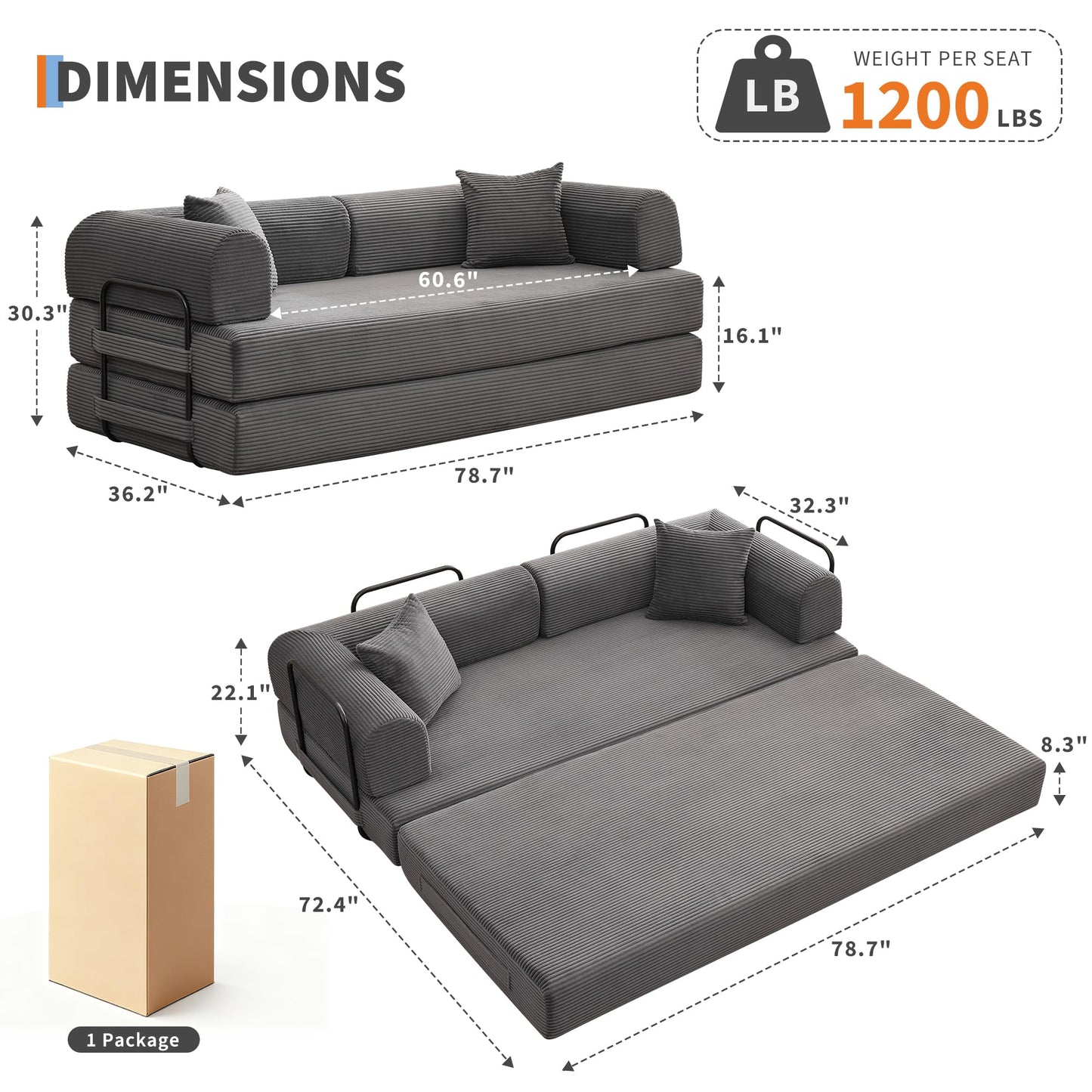 IDEALHOUSE 4 in 1 Convertible Sleeper Sofa Bed Couch, 79 Inch Boneless Corduroy Floor Couch with Pillows, No Assembly, Modern Deep Seat Sofa Futon Mattress for Living Room,Apartment,Gray