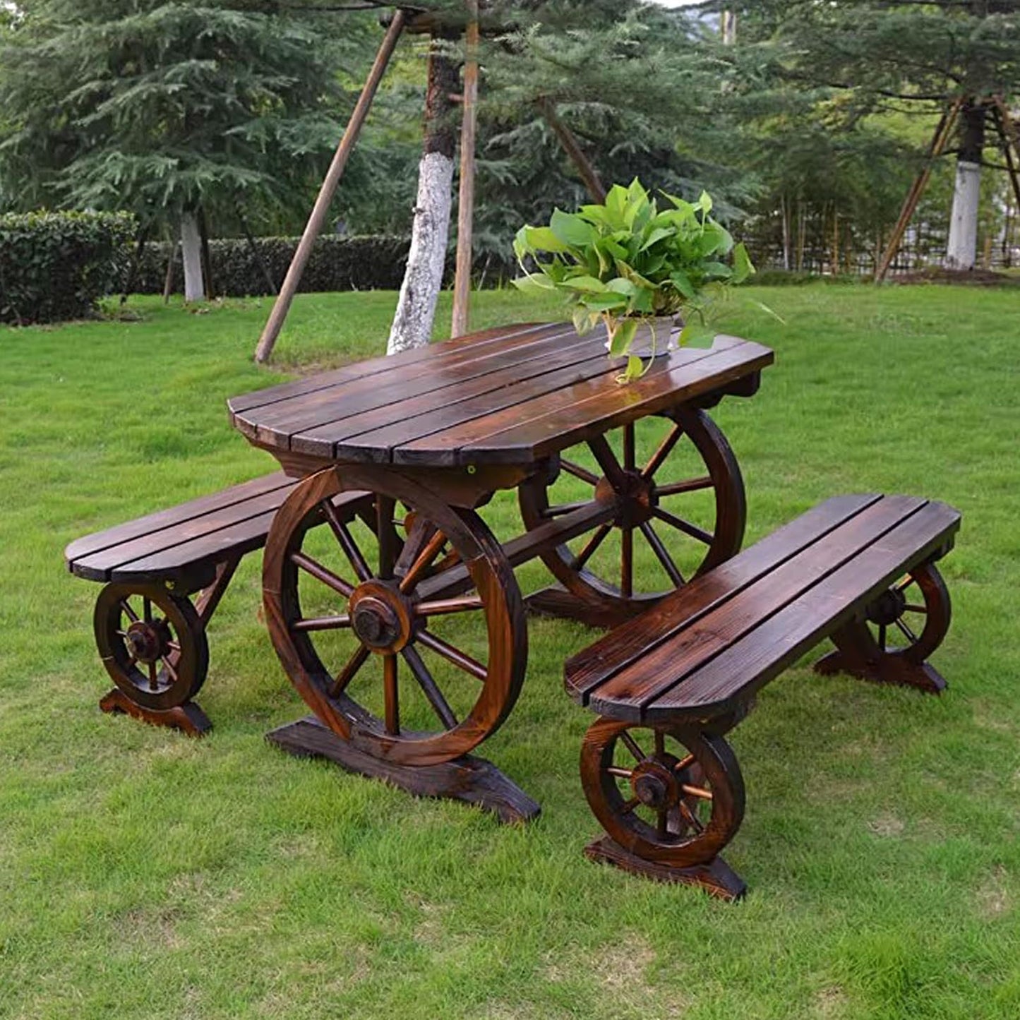 LLZJDDPLY Outdoor Picnic Table and Bench Set, Patio Dining Set Wooden Wagon Wheel, Outdoor Dining Table and Chair, for Garden Yard Porch(160cm/63in)