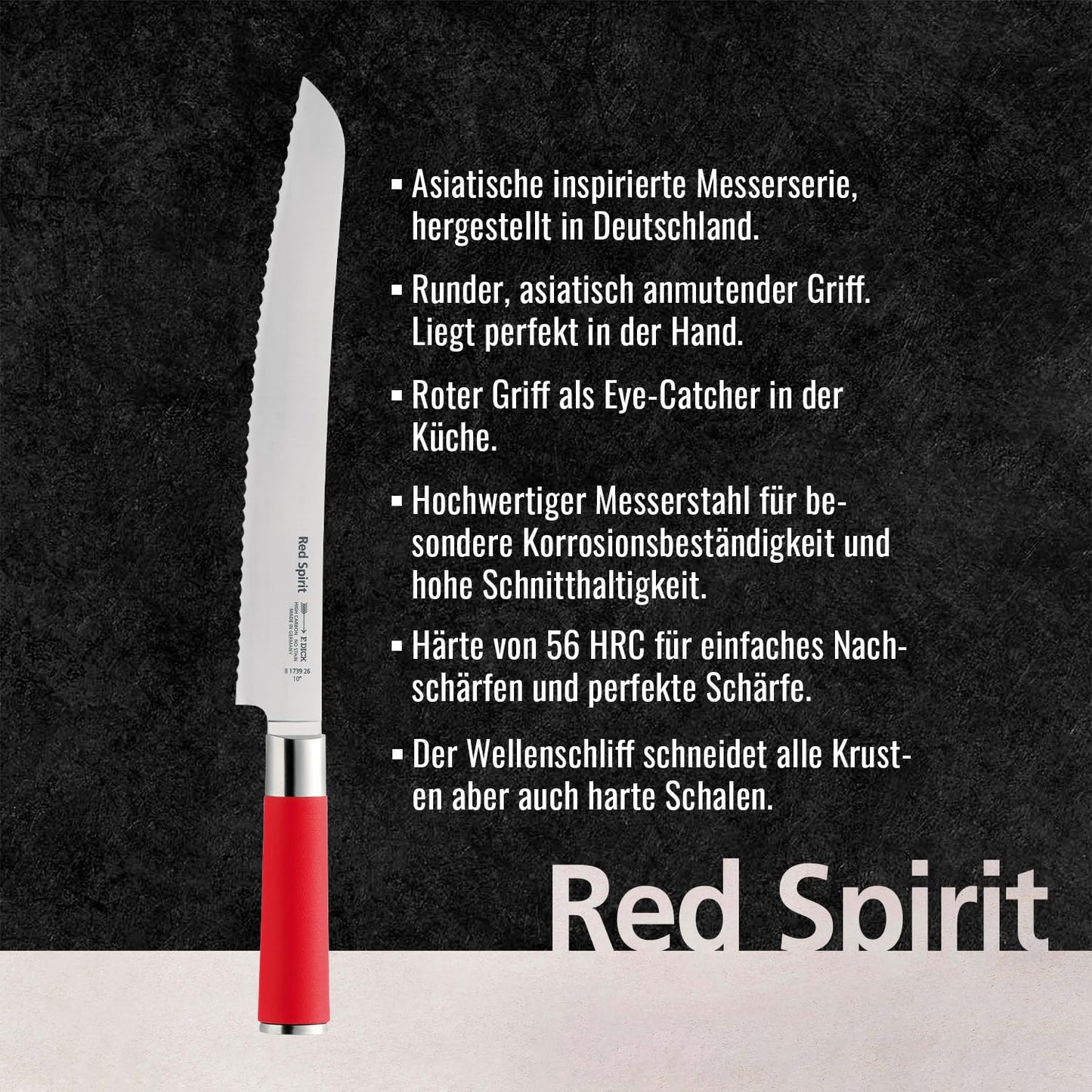F. DICK – Red Spirit Bread Knife - Serrated Knife with 10.2" Curved Blade & 56 HRC - Ideal for Bread, Fruit & Vegetables - Stainless Steel - Ultra Sharp - Ergonomic Handle - Made in Germany