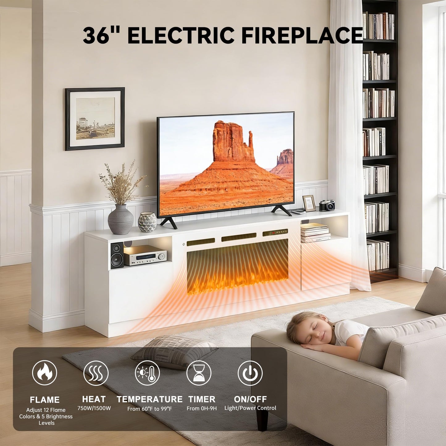OneBlis 70" Fireplace TV Stand, LED Light Entertainment Center for TVs Up to 80", High-Gloss Door, Modern TV Console for Living Room with Storage Cabinet, White+White