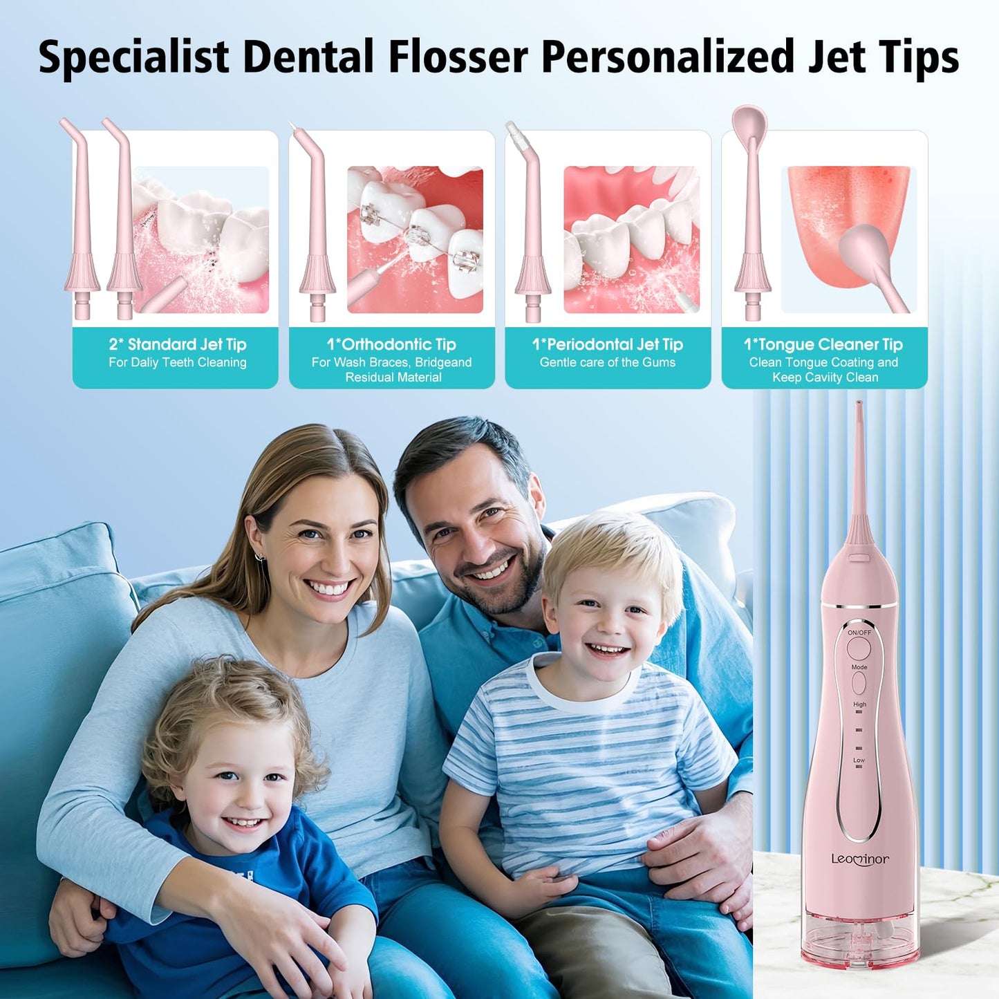 Leominor Water Flosser Pick for Teeth, 300ML Portable Oral Irrigator Upgraded Tank Removable,IPX7 Waterproof, Rechargeable Travel Teeth Cleaner, Professional Electric Flossing Machine (Pink)