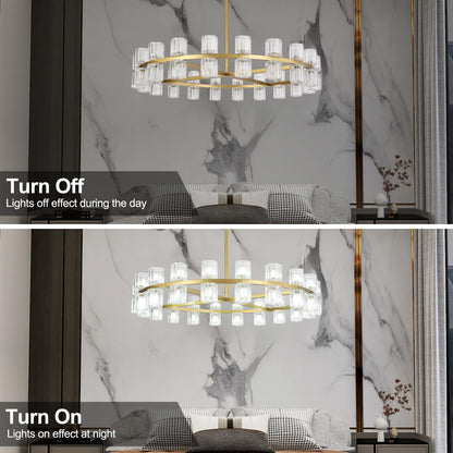 Leadtek 31.5 Inch Gold Wagon Wheel Chandelier, Modern Farmhouse Chandelier with K9 Crystal Chandelier Shade, for Dining Room Light Fixture, Kitchen Island, Entryway, Foyer