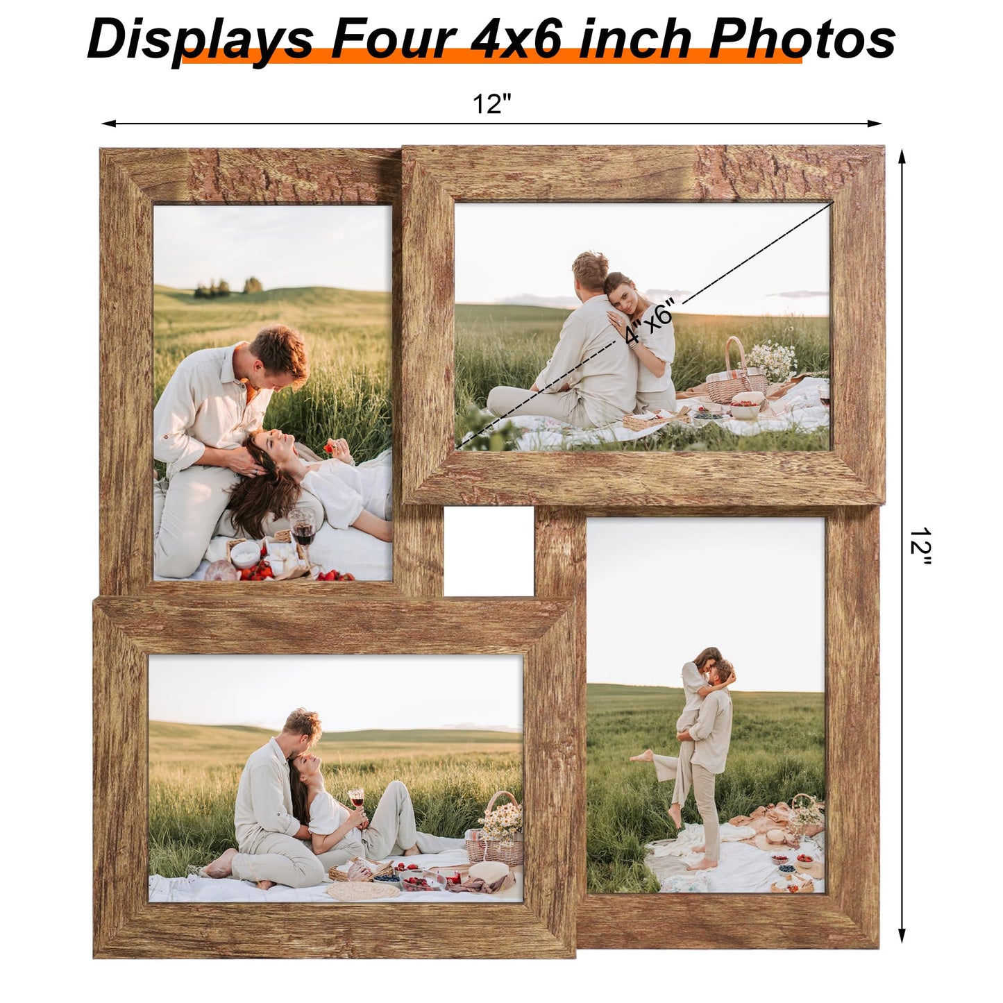 YESKAY 4x6 Collage Picture Frames Set of 1, Multi Family Photo Frame with Real Glass, Displays Four 4x6 Photo, Wall Decor Wall Hanging or Tabletop, Distressed Brown